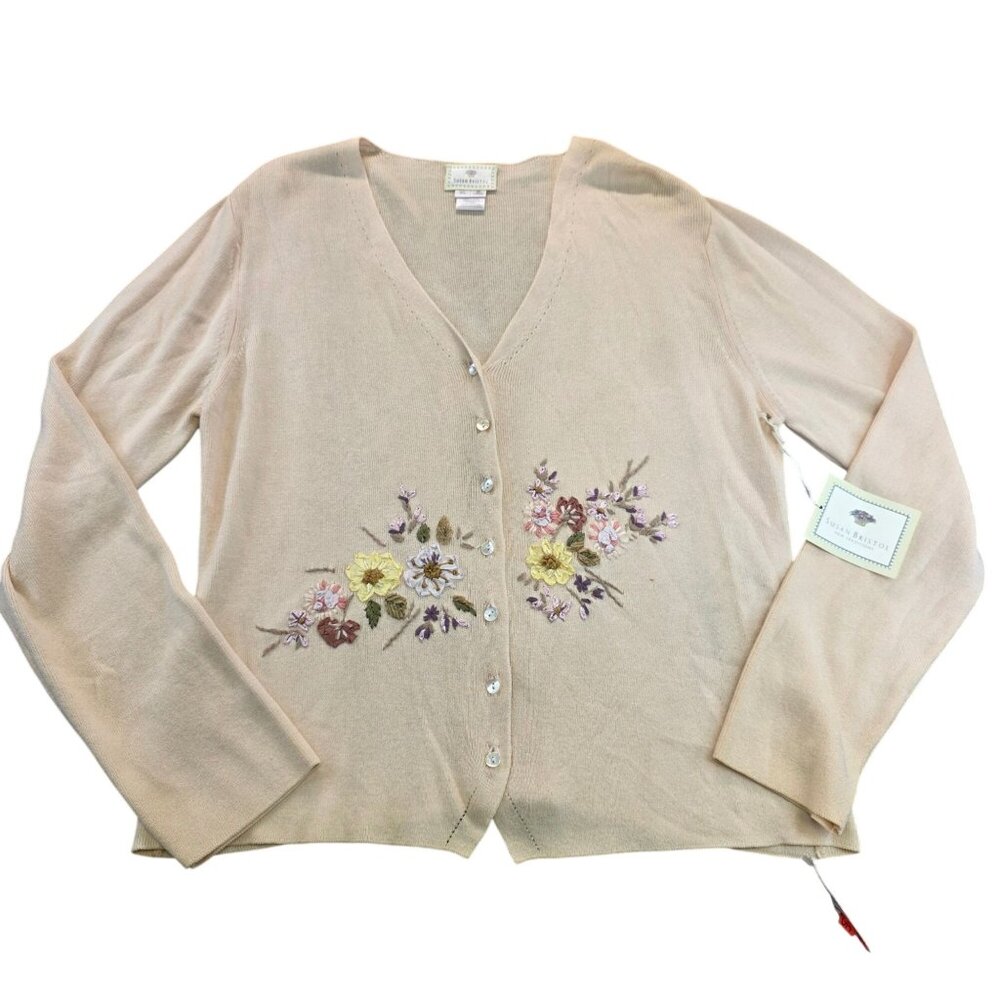 Vintage Susan Bristol Floral Embroidered Cardigan XL Cream Cottagecore Prairie